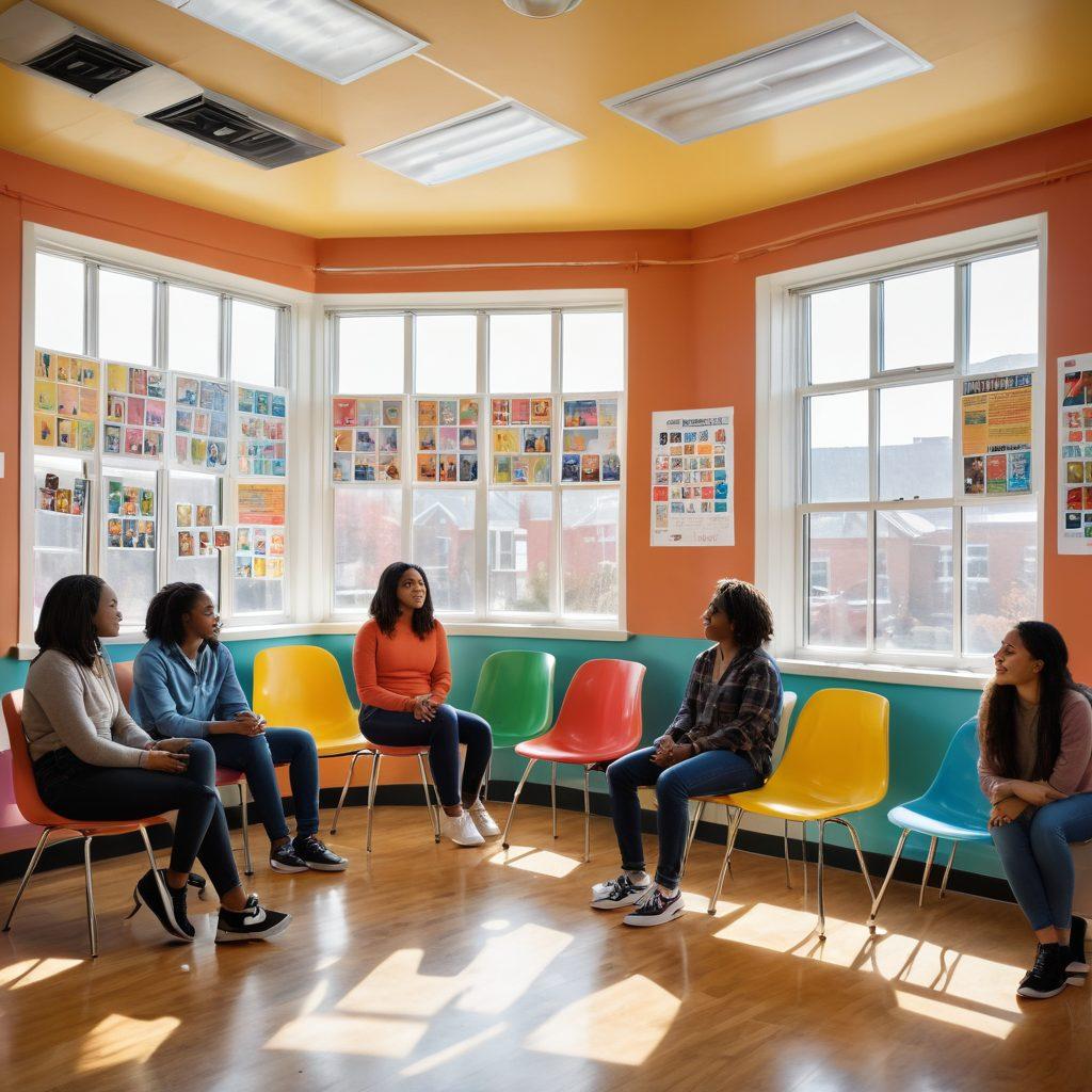 A diverse group of college students engaged in an open discussion about sexual health, with bright educational posters in the background depicting healthy relationships. The setting is a modern classroom with colorful chairs and natural light streaming in through large windows, showcasing inclusivity and empowerment. Each student represents different cultures and genders, sharing their thoughts with enthusiasm. super-realistic. vibrant colors. contemporary style.